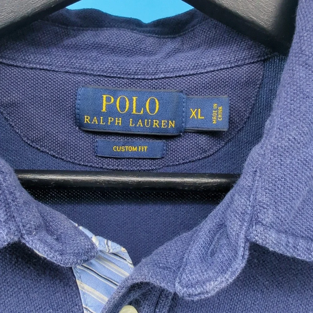 Polo Ralph Lauren Mens XL Custom Fit Navy Blue Mesh Pocket Shirt Short Sleeve